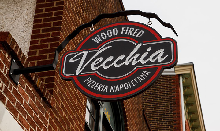 The sign in front Vecchia Pizzeria in Phoenixville Pennsylvania